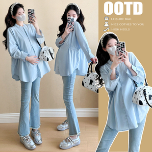 简约设计感长袖 时尚 上衣宽松休闲怀孕娃娃衫 秋季 秋 孕妇装 衬衫 秋装