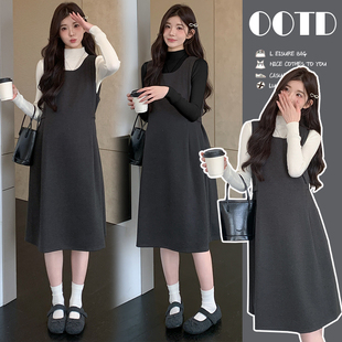 秋装 两件套连衣裙套装 长袖 毛呢背心裙秋冬装 裙子冬 上衣秋季 孕妇装