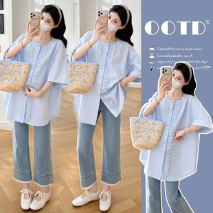 宽松休闲百搭上衣夏季 孕妇装 衬衫 设计感蕾丝拼接短袖 怀孕衬衣 夏装