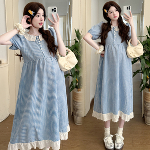 孕妇装夏装娃娃领短袖格子连衣裙宽松大码休闲怀孕裙子夏季孕妇裙