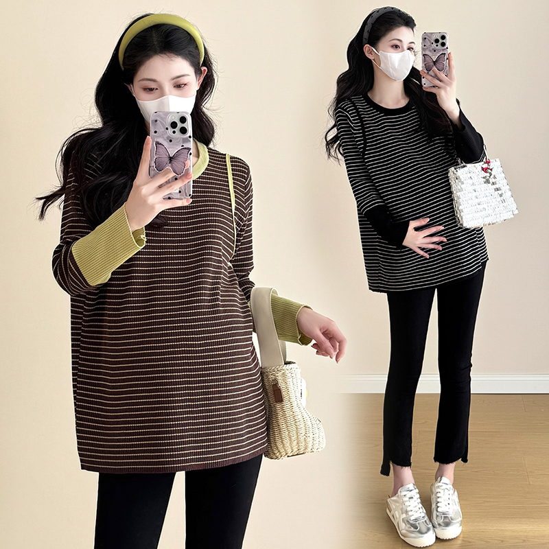 孕妇装秋装长袖条纹针织上衣T恤