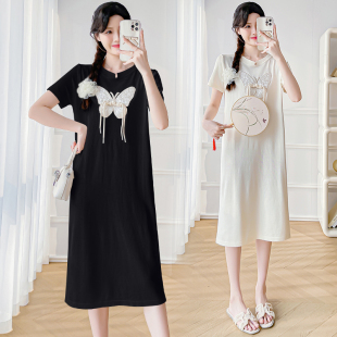 连衣裙小清新甜美裙子夏季 孕妇装 国风蝴蝶结短袖 新中式 孕妇裙 夏装