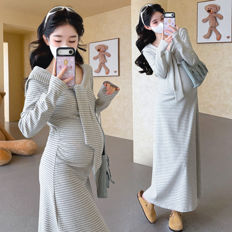 孕妇秋装披肩系带长袖条纹连衣裙