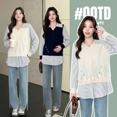 春季 孕妇装 百搭衬衣春 上衣时尚 设计感衬衫 春装 假两件条纹拼接长袖