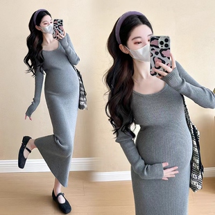 怀孕裙子春秋修身 孕妇装 针织连衣裙秋装 简约长袖 显廋孕妇裙 秋冬装