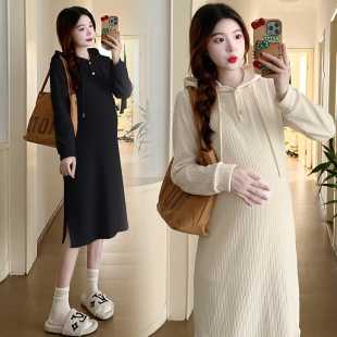 秋冬装 裙子时尚 时尚 连衣裙秋装 百搭打底裙潮妈 简约连帽长袖 孕妇装