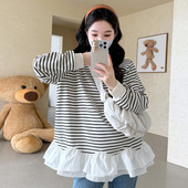 春装 春季 荷叶边长袖 休闲娃娃衫 设计感衣服 条纹上衣宽松大码 孕妇装