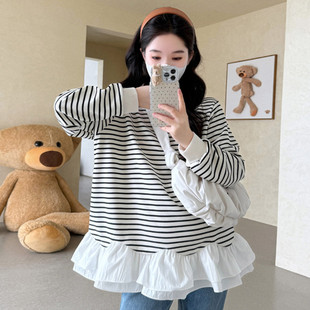 休闲娃娃衫 孕妇装 条纹上衣宽松大码 荷叶边长袖 春秋设计感衣服 秋装