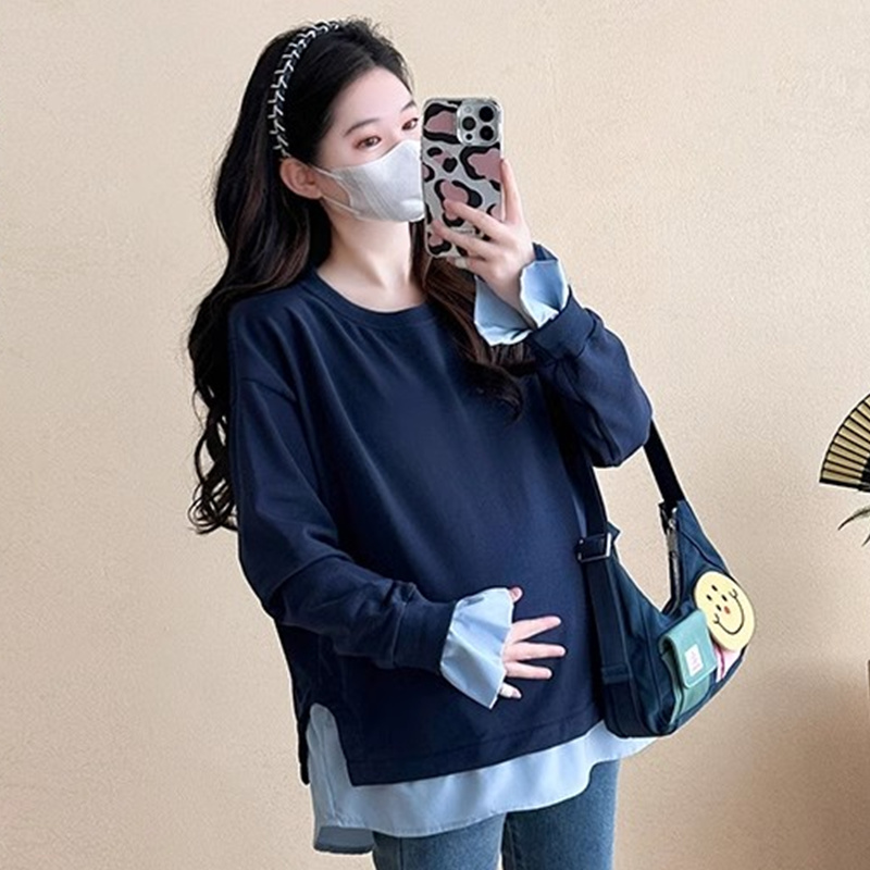 孕妇装秋装假两件拼色长袖上衣秋