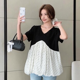 夏装 夏季 设计感拼接波点短袖 假两件娃娃衫 怀孕衣服 上衣时尚 孕妇装