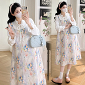 碎花连衣裙宽松大码 假两件长袖 休闲裙子设计感孕妇裙春 春装 孕妇装