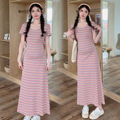 彩色条纹短袖 时尚 连衣裙2026新款 孕妇裙夏季 裙子夏 孕妇装 修身 夏装