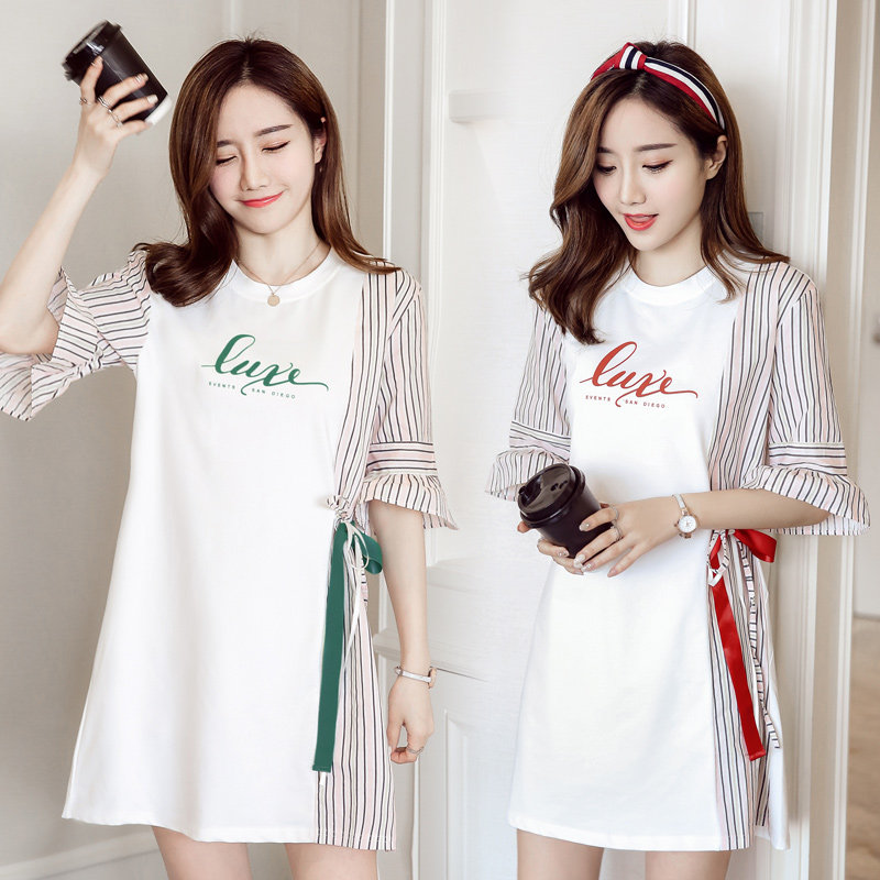 孕妇装夏装韩版拼接条纹字母印花孕妇连衣裙短袖中长款上衣孕妇裙|msdalam kategori Bekalan Ibu / Ibu / Pemakanan, bersalin, pakaian - dari Buy2taobao.com untuk memberikan perkhidmatan ejen Taobao profesional membeli