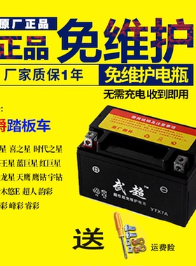 豪迈豪爵悦星125女装踏板摩托车电瓶YTX7A免维护踏板蓄电池12V7AH
