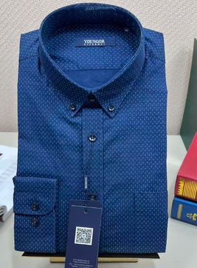 雅戈尔男士长袖衬衫春秋商务休闲蓝色全棉印花修身衬衣100353HKY