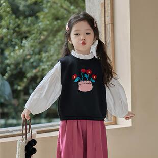 女童黑色洋气针织马甲2026春秋新款韩版甜美可爱女孩外穿马夹坎肩