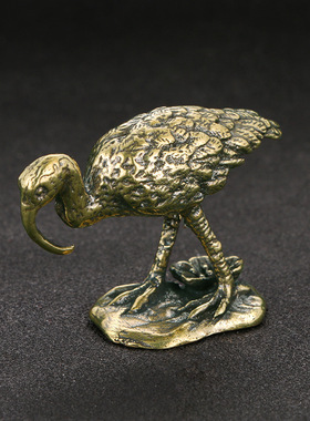 做旧仿古铜器长嘴鹤铜摆件实心黄铜鸟类装饰品工艺品