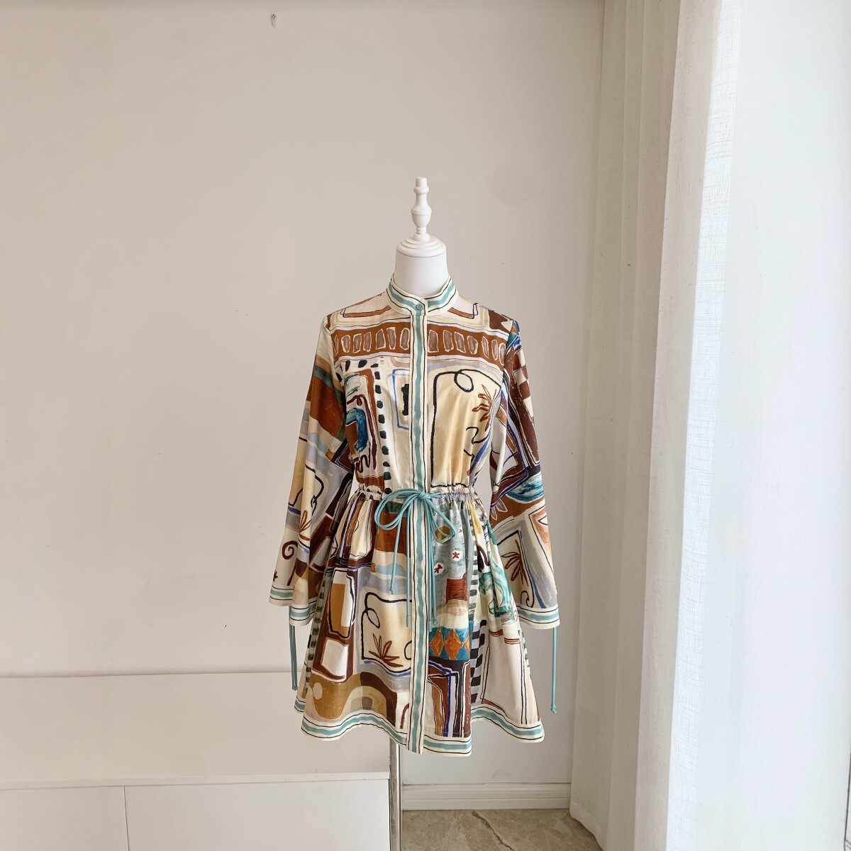 thumbnail for 2026 Spring/Summer Colored Painted Printed Drawstring Waist-Cinching Dress Women's Stand Collar Flared Long Sleeve Commuter Short Skirt