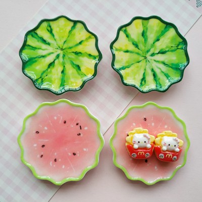 微缩仿真西瓜食玩盘子娃娃屋捏捏装饰圆盘diy奶油胶底托树脂配件