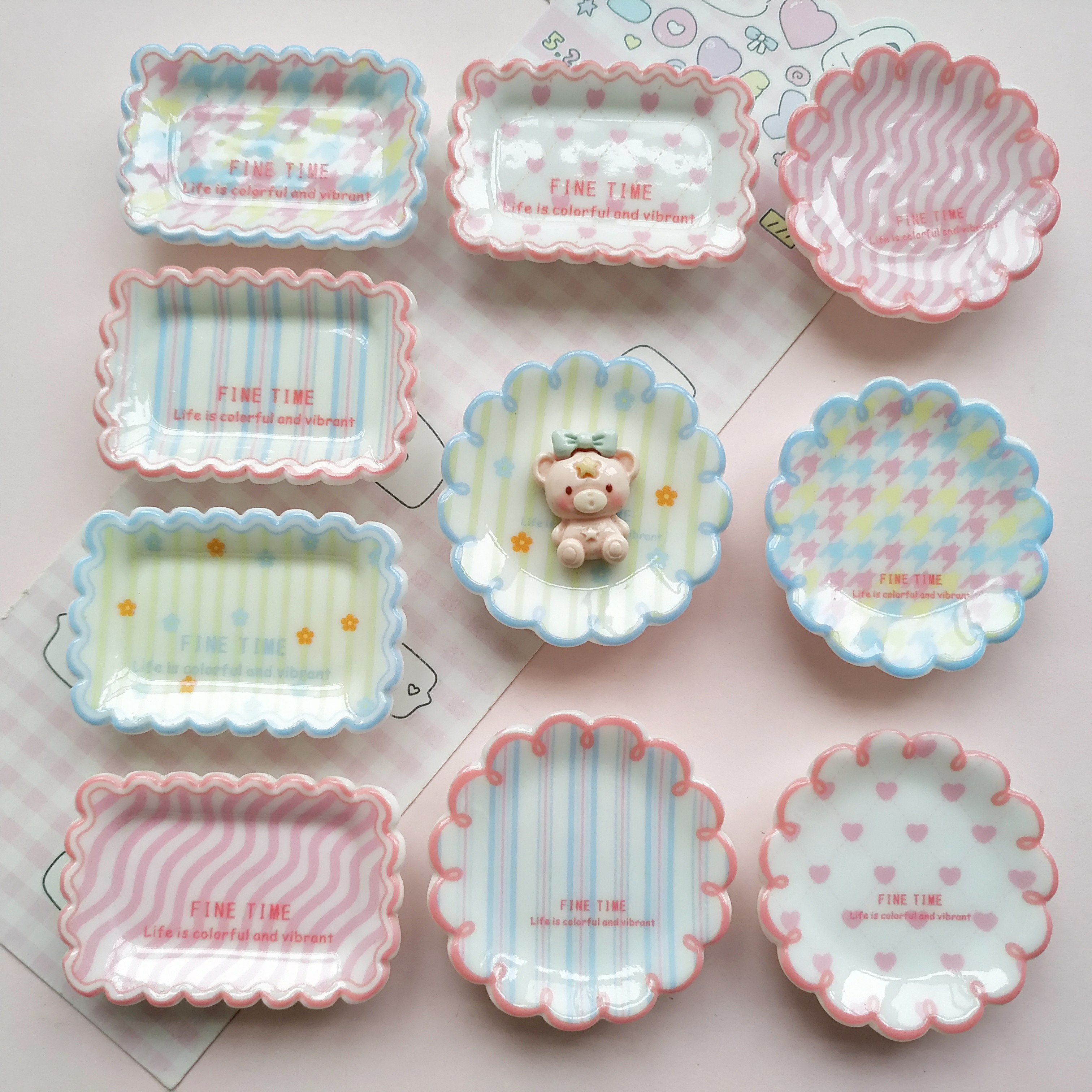 微缩仿真条纹爱心花食玩盘子娃屋捏捏装饰圆盘diy奶油胶树脂配件