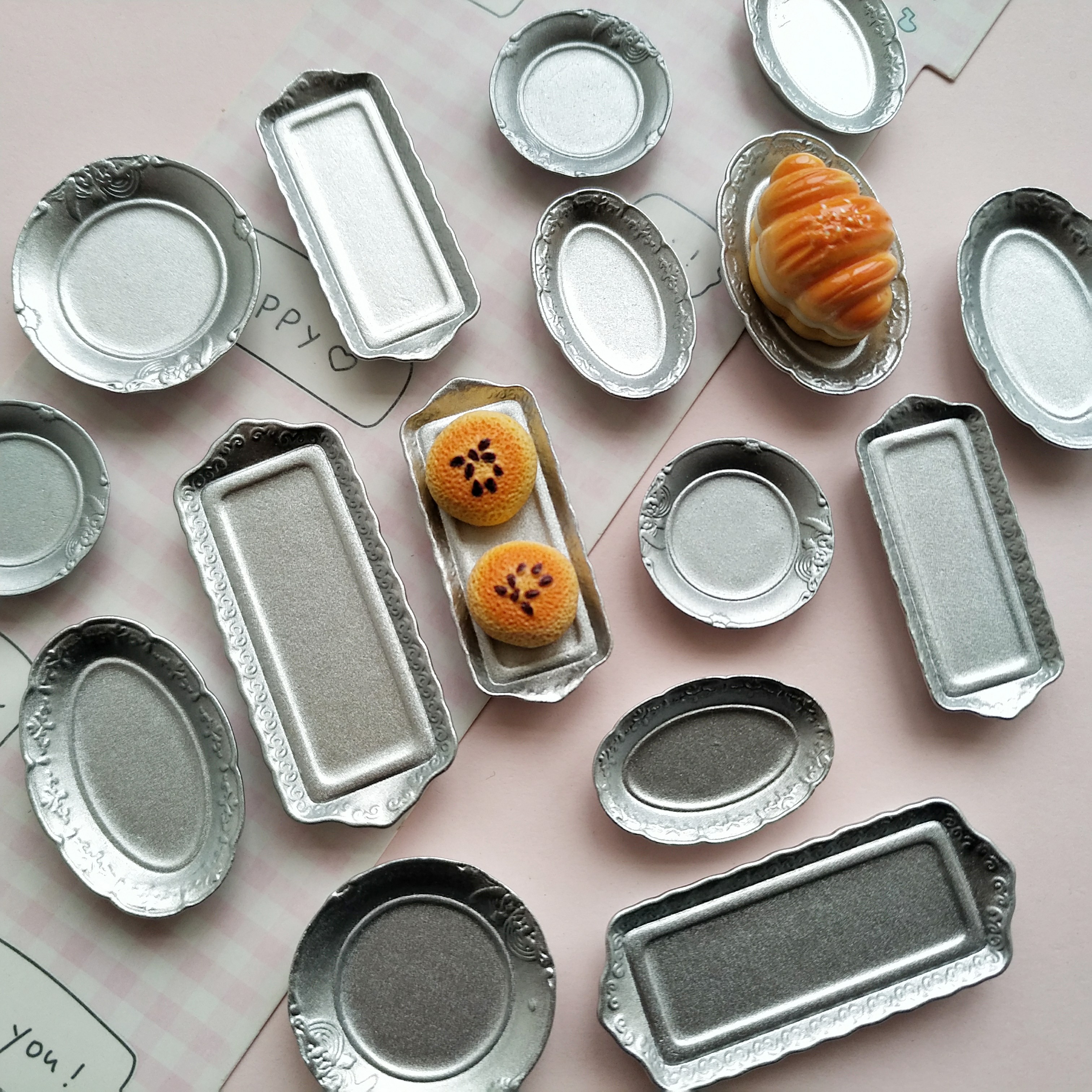 微缩仿真复古法式银食玩盘子娃屋捏捏装饰盘摆件手工diy树脂配件