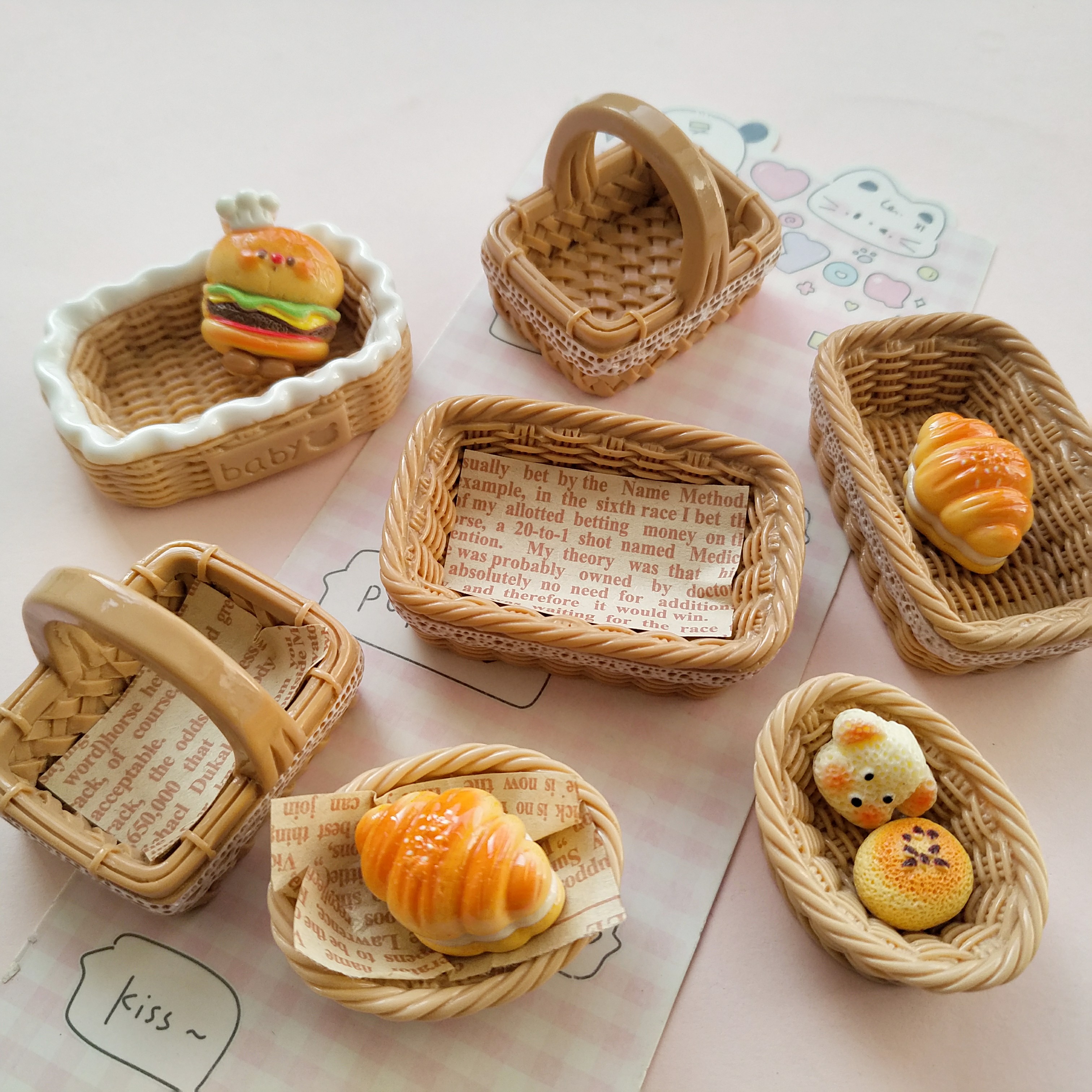 微缩仿真编织筐篮子食玩盘子娃屋捏捏装饰盘摆件手工diy树脂配件