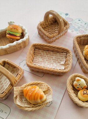 微缩仿真编织筐篮子食玩盘子娃屋捏捏装饰盘摆件手工diy树脂配件