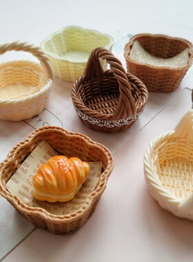 微缩仿真面包筐篮子食玩盘子娃屋捏捏装饰盘摆件手工diy树脂配件