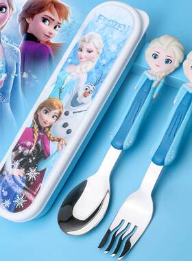 迪士尼儿童筷子勺子叉子艾莎公主女不锈钢小学生爱莎专用餐具套装