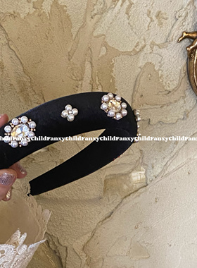 Fanxy自制氛围感法式复古黑色丝绒闪钻珍珠头箍高级感高颅顶发箍