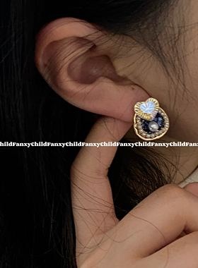 Fanxy海洋之心复古风蓝色海盐爱心珍珠气质耳钉高级925银针耳饰