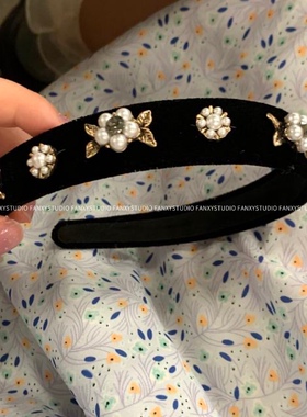 Fanxy绝美山茶花复古丝绒珍珠发箍 颅顶增高发箍发箍