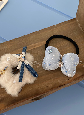 Fanxy蓝色手工ins风毛绒星星发夹蝴蝶结彩钻bb夹高级边夹发绳发饰