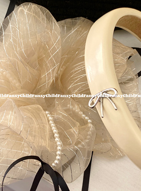 Fanxy甜妹组!奶油芭蕾风发饰珍珠欧根纱大肠圈奶黄色蝴蝶结发箍