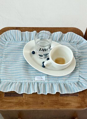 手作ins风韩式条纹荷叶边餐巾咖啡杯垫装饰布艺餐垫拍照道具方垫