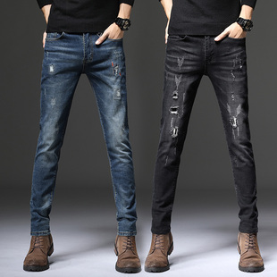 破洞牛仔裤男士冬季韩版修身直筒长裤子秋冬潮流青年深色小脚男裤