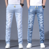 春款 休闲裤 2026新款 男款 弹力直筒宽松 子男浅蓝色松紧腰潮流牛仔裤