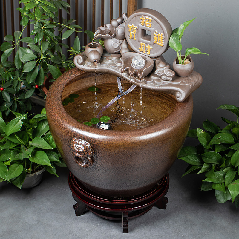 陶瓷鱼缸循环流水古法养鱼生态造景大型水缸落地鱼缸庭院覆古大缸