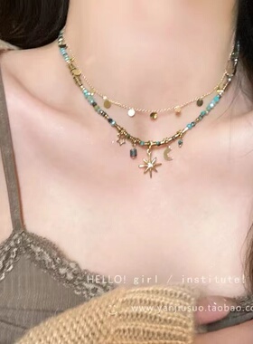 双层叠戴串珠项链女夏小众波西米亚太阳花锁骨链高级颈链配饰