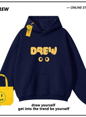 Drew美式潮牌卡通趣味猫眼印花连帽卫衣男女情侣加绒加厚外套帽衫