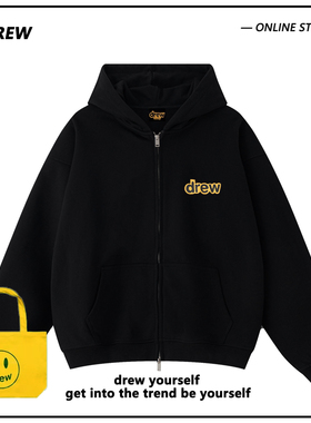 DREW美式潮牌黑色笑脸字母连帽拉链开衫卫衣男女情侣外套重磅秋冬