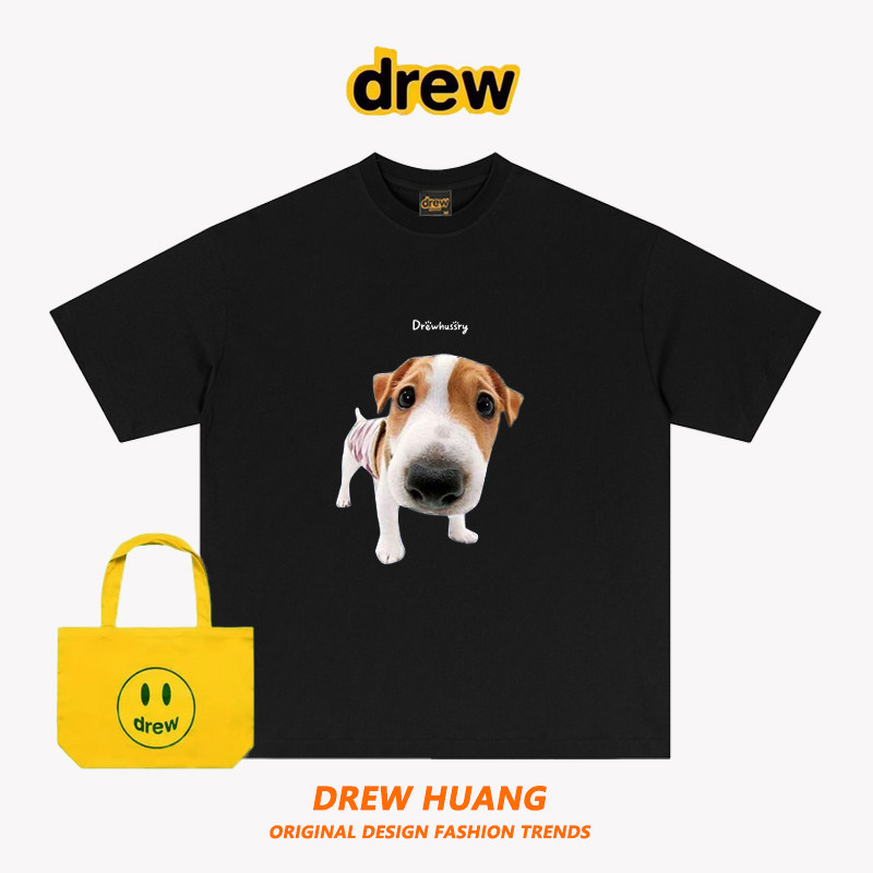 Drew美式潮牌笑脸卡通趣味大头贴狗头印花圆领重磅纯棉短袖T恤夏