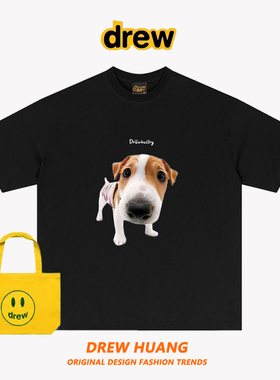 Drew美式潮牌笑脸卡通趣味大头贴狗头印花圆领重磅纯棉短袖T恤夏