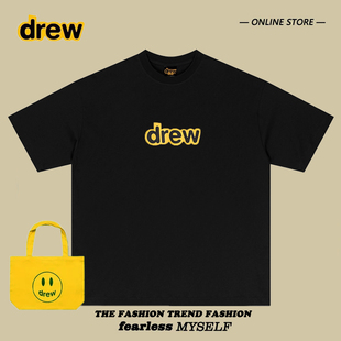 tee夏 宽松百搭情侣上衣黑色半袖 drew潮牌笑脸字母短袖 T恤男女同款
