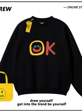 Drew美式潮牌卡通笑脸OK印花圆领卫衣男女秋冬情侣加绒加厚上衣潮