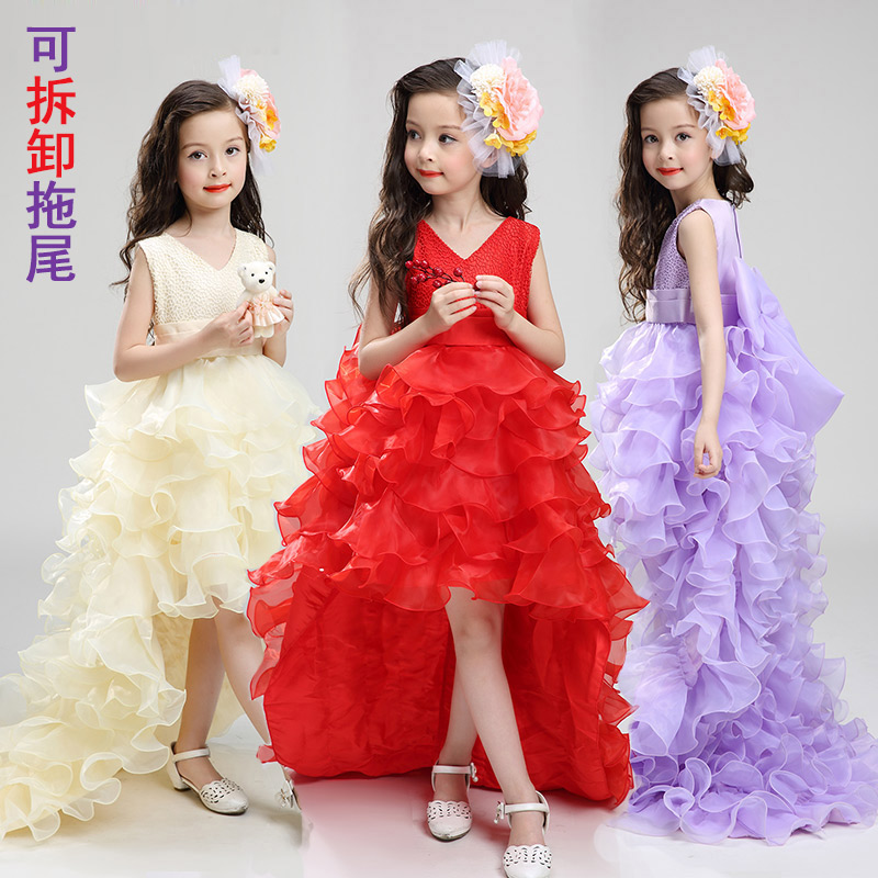 32020夏装新款女童拖尾连衣裙礼服婚纱裙儿童生日冰雪奇缘2公主裙