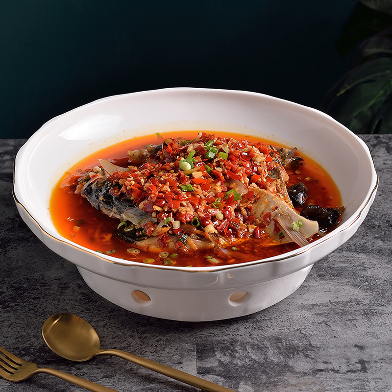 大号剁椒鱼头专用盘子加热蜡烛餐具陶瓷干锅酒店保温菜碗家用蒸炉