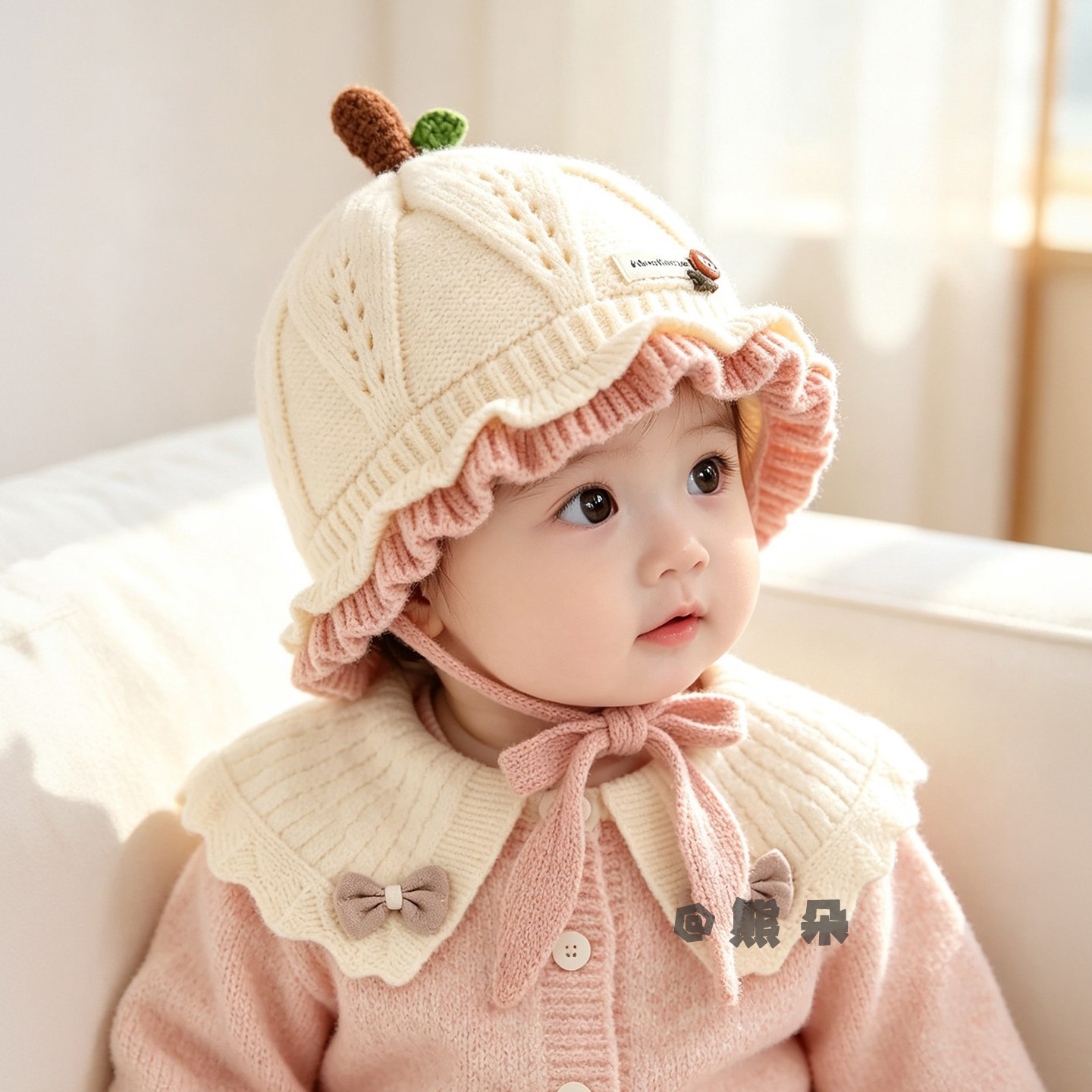 婴幼儿帽子秋冬季女童蕾丝公主针织保暖毛线帽宝宝外出防寒套头帽