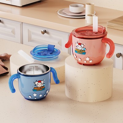 儿童不锈钢304保温婴儿吸管婴儿刻度宝宝牛奶水杯学饮带盖双层