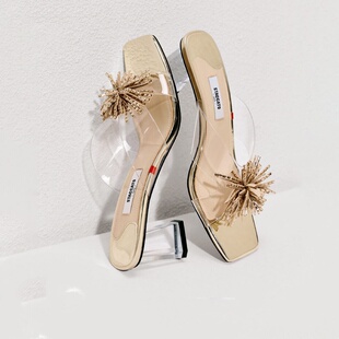 流苏女鞋 水晶烟花粗跟凉拖鞋 高跟一字拖外穿凉鞋 新款 女2026年夏季